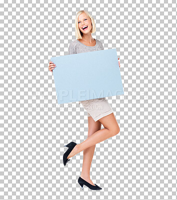 Buy stock photo Smile, mockup and portrait of woman with poster isolated on a transparent png background. Copy space, banner and happy person with product placement, advertising or marketing, branding or promotion.