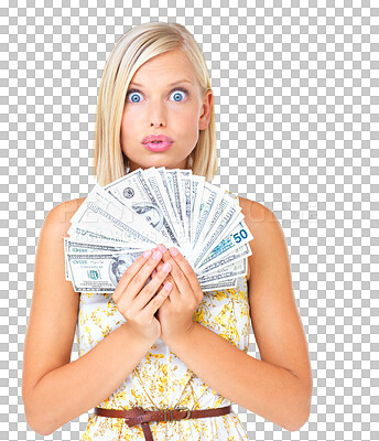 Buy stock photo Woman, winner and surprise money or cash in hands for prize isolated on png, transparent background. Female portrait shocked with dollars for investment and lottery competition reward or bonus win
