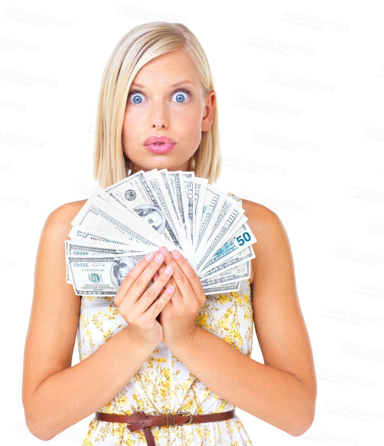 Buy stock photo Woman, winner and surprise money or cash in hands for prize isolated on png, transparent background. Female portrait shocked with dollars for investment and lottery competition reward or bonus win
