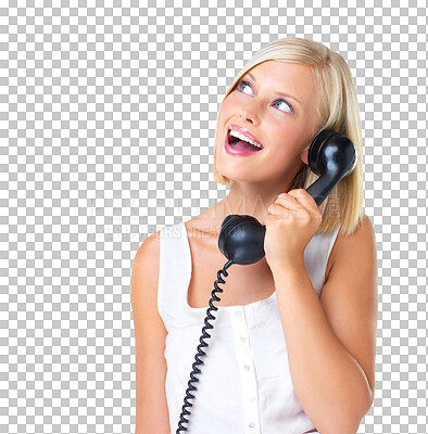 Buy stock photo Telephone, phone call and woman thinking in studio, communication and wow on isolated, transparent and png background. Contemplate, emoji and girl surprised by good news on landline conversation