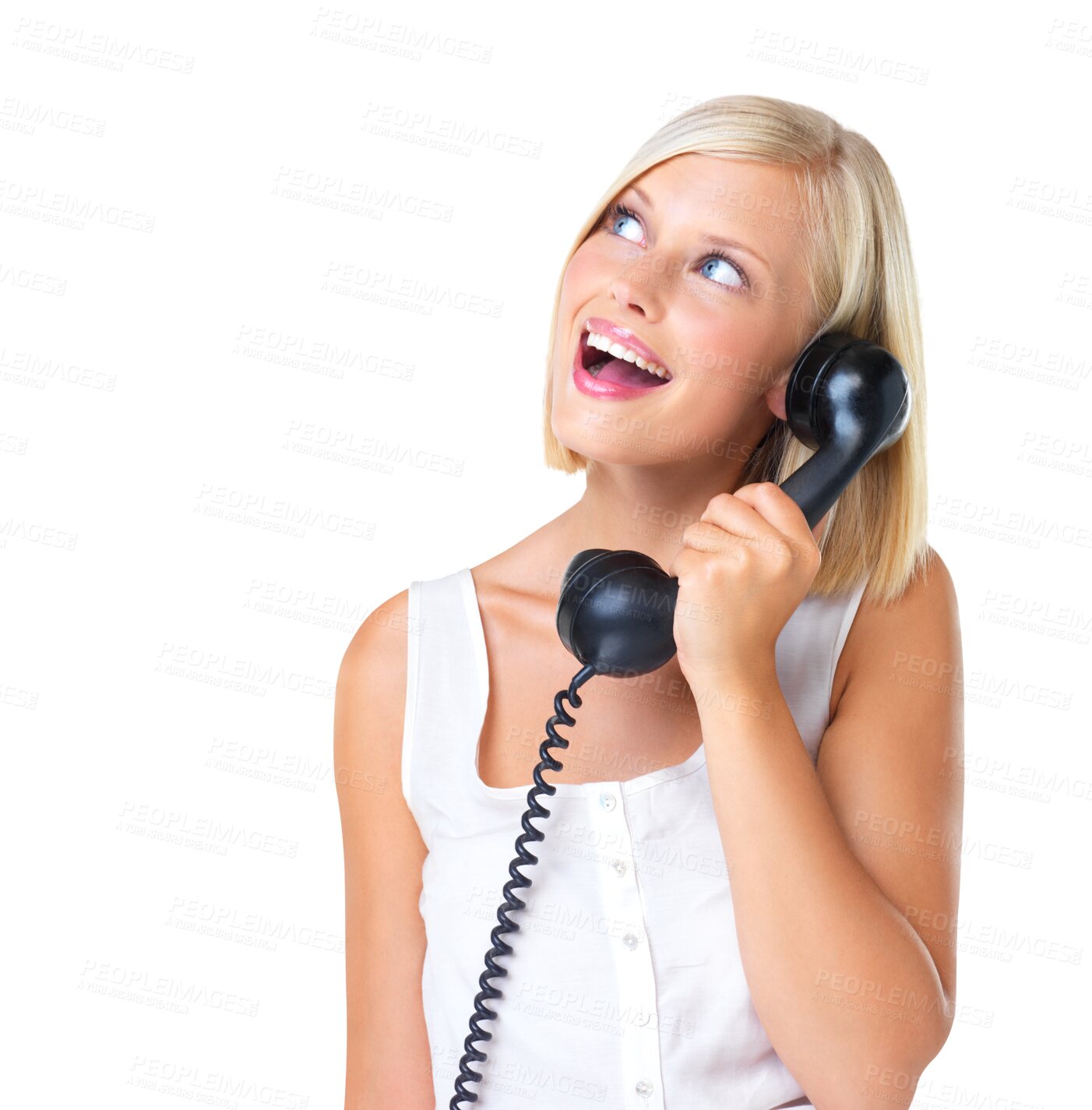 Buy stock photo Telephone, phone call and woman thinking in studio, communication and wow on isolated, transparent and png background. Contemplate, emoji and girl surprised by good news on landline conversation