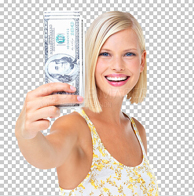 Buy stock photo Woman, cash money and happy portrait for finance isolated on a png, transparent background. Female model with dollar bills or icon for currency, economy and lottery competition award or bonus win