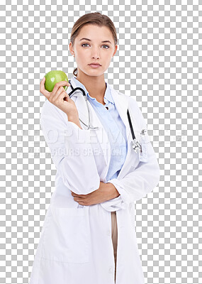 Buy stock photo Apple, portrait and woman doctor in studio for weight loss and health on isolated, transparent and png background. Serious, face and lady nutritionist with fruit for diet, detox or healthy lifestyle 