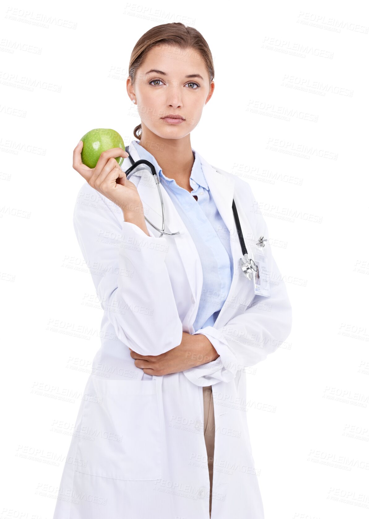 Buy stock photo Apple, portrait and woman doctor in studio for weight loss and health on isolated, transparent and png background. Serious, face and lady nutritionist with fruit for diet, detox or healthy lifestyle 