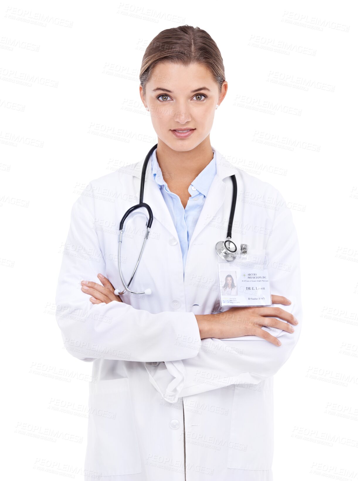 Buy stock photo Confident, portrait and woman doctor for healthcare, cardiology or health insurance. Attractive young female medical professional standing with arms crossed isolated on a transparent png background