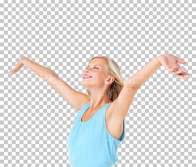 Buy stock photo Freedom, success and woman arms in air isolated on a transparent, png background for winning, peace and carefree. Happy person with yes, wow and celebration hands for winner goals or celebrate