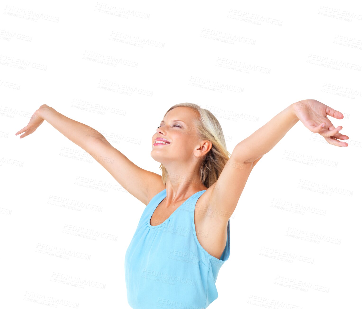 Buy stock photo Freedom, success and woman arms in air isolated on a transparent, png background for winning, peace and carefree. Happy person with yes, wow and celebration hands for winner goals or celebrate