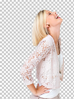 Buy stock photo Happy, laughing and woman in studio for fashion, style and glamour isolated on transparent png background. Cheerful, humor and confident girl smile, laugh and enjoying silly, funny or comedy joke