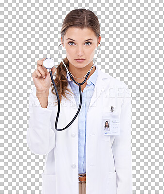 Buy stock photo Confident, portrait and woman doctor with stethoscope in studio for healthcare cardiology checkup on mockup. Attractive young female medical expert standing isolated on a transparent png background