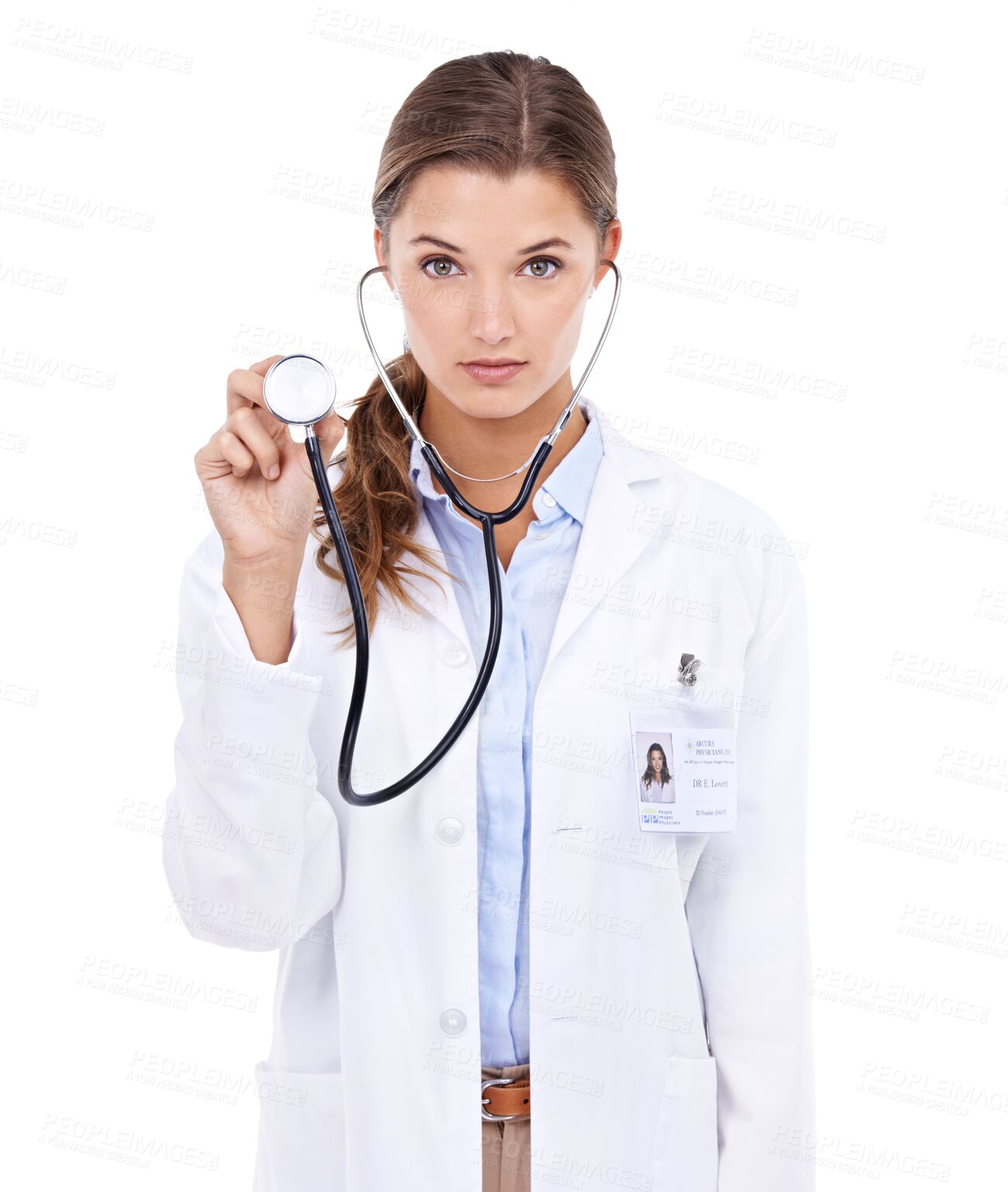 Buy stock photo Confident, portrait and woman doctor with stethoscope in studio for healthcare cardiology checkup on mockup. Attractive young female medical expert standing isolated on a transparent png background