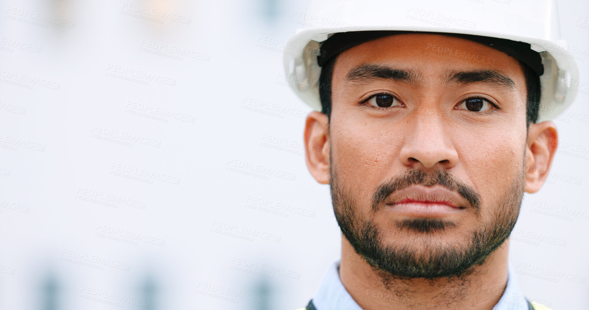 Buy stock photo Portrait, serious or construction worker on building space for closeup mockup, development or property engineering. Face, Asian man or professional contractor builder in real estate renovation helmet