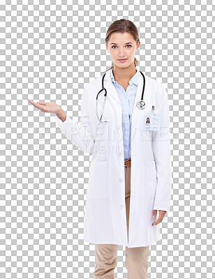 Buy stock photo Woman doctor, empty space and hand presentation isolated on transparent, png background for healthcare product placement. Portrait of medical person with palm, advertising and expert advice or offer