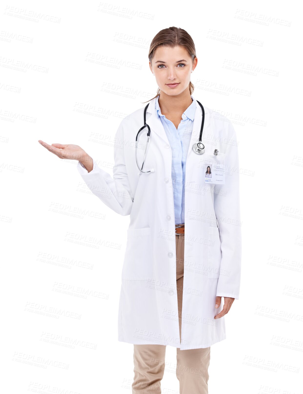 Buy stock photo Woman doctor, empty space and hand presentation isolated on transparent, png background for healthcare product placement. Portrait of medical person with palm, advertising and expert advice or offer