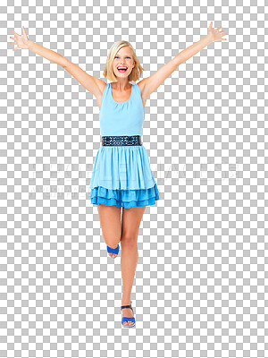 Buy stock photo Excited, surprise and freedom with portrait of woman with celebration, motivation and fun. Freedom, wow and smile of a happy model girl with confidence and isolated on a transparent, png background