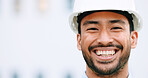 Face of a contractor and maintenance manager smiling and laughing at a construction site with copy space. Portrait of a happy engineer with a hardhat overseeing a successful project development