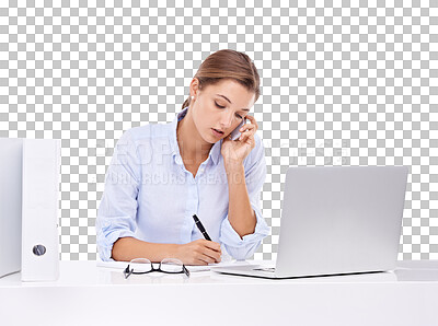 Buy stock photo Corporate planning, phone call and business woman networking isolated on transparent png background. Talking, laptop and a secretary with administration, schedule and agenda with mobile conversation