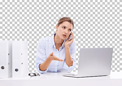 Buy stock photo Stress, phone call and business woman frustrated on laptop on isolated, transparent and png background. Work, conflict and female office professional annoyed with internet, delay or 404 online glitch