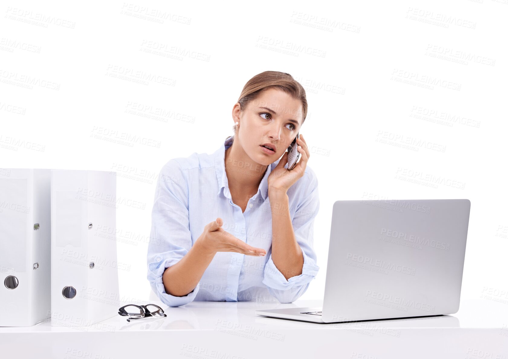 Buy stock photo Stress, phone call and business woman frustrated on laptop on isolated, transparent and png background. Work, conflict and female office professional annoyed with internet, delay or 404 online glitch