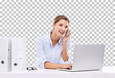 Buy stock photo Phone call, laptop and woman isolated on transparent, png background in business communication, typing and chat. Happy vision of professional person or secretary talk online, computer and office desk