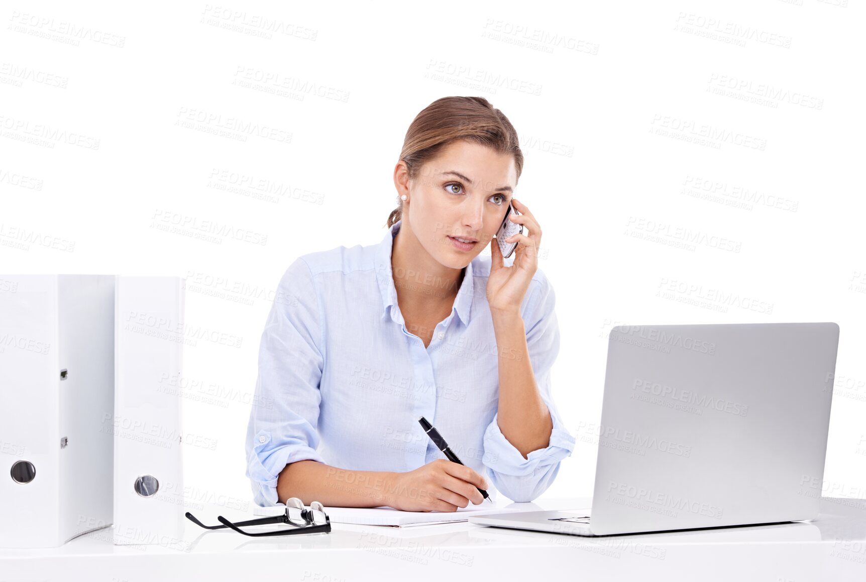 Buy stock photo Phone call, writing and laptop of woman isolated on transparent, png background for busy, business planning. Professional person or secretary talking with career notes, computer and office help desk