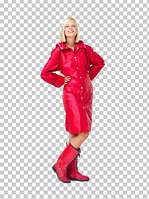 Red raincoat, portrait and happy woman and mockup. Model, smile and young person with happiness ready for rain and storm with waterproof clothes in mock up isolated on a png background