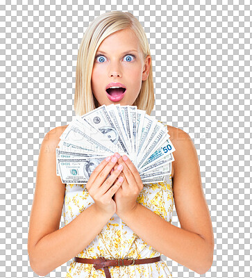 Wow, happy and woman cash prize winner surprised, shocked and excited. Rich, euro and portrait of wealthy female with lottery money for financial freedom isolated on a png background