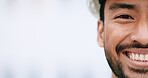 Face of construction manager smiling and wearing hardhat while standing outside on site with copy space. Closeup of happy civil engineer worker doing maintenance and repair work for building project