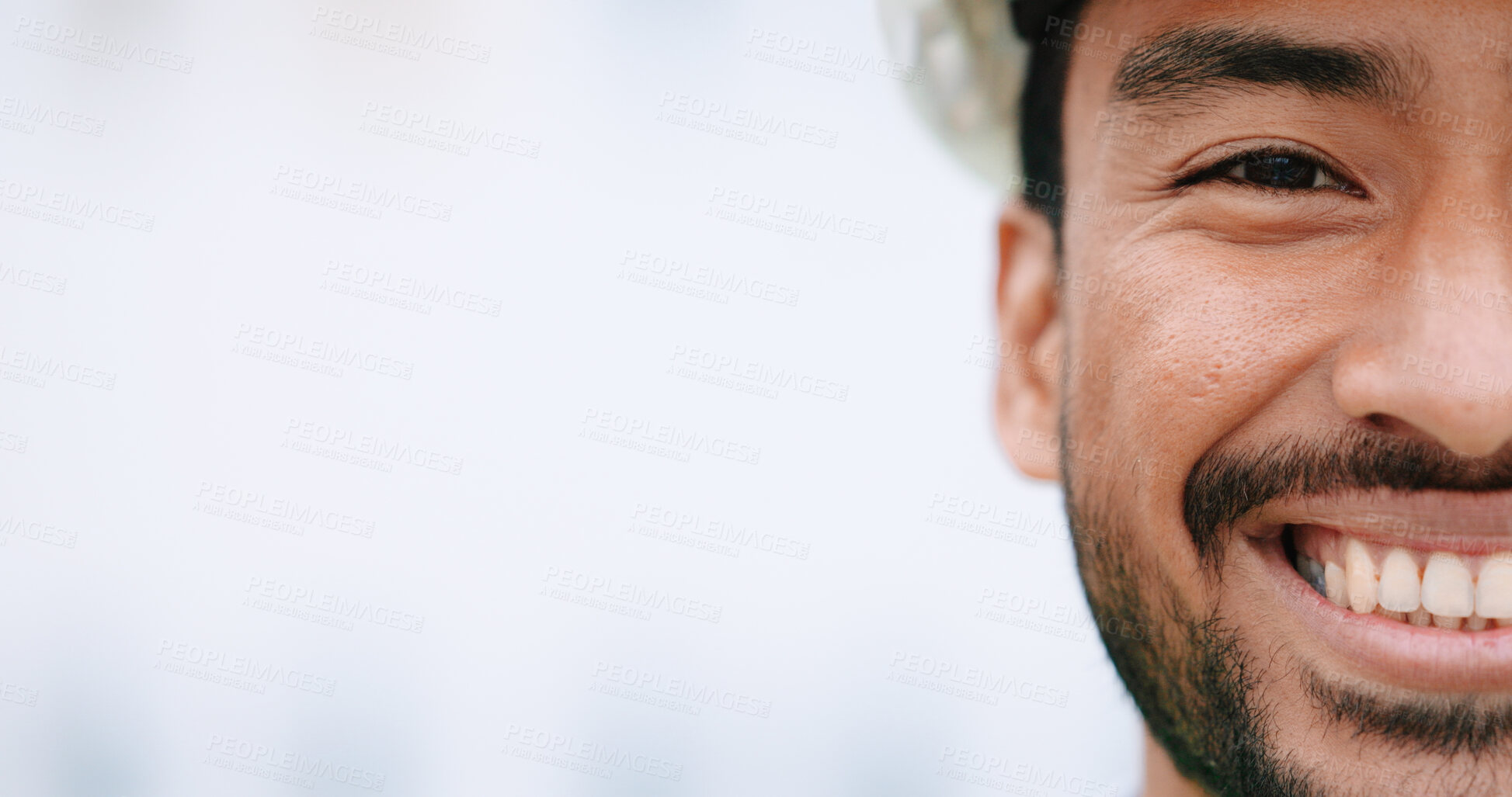 Buy stock photo Closeup, portrait and happy construction worker on space for building mockup, development and city property engineering. Face, Asian man and professional contractor builder in real estate renovation