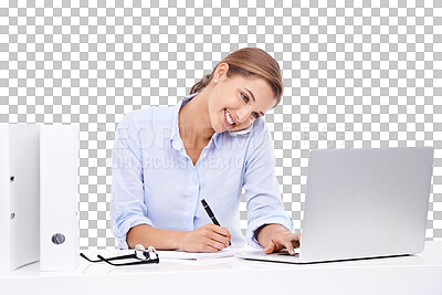 Buy stock photo Happy woman writing, phone call and laptop isolated on transparent, png background busy, business planning. Professional person or secretary talking, multitask notes and computer at office help desk