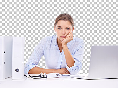 Buy stock photo Bored, laptop and portrait of business woman stress on isolated, transparent and png background. Annoyed, face and female office professional frustrated with internet, delay or 404 online glitch