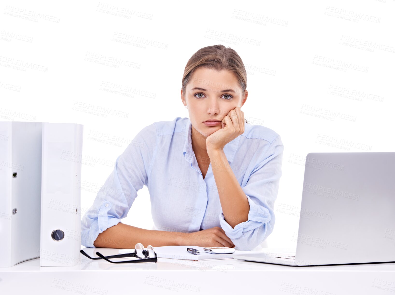 Buy stock photo Bored, laptop and portrait of business woman stress on isolated, transparent and png background. Annoyed, face and female office professional frustrated with internet, delay or 404 online glitch