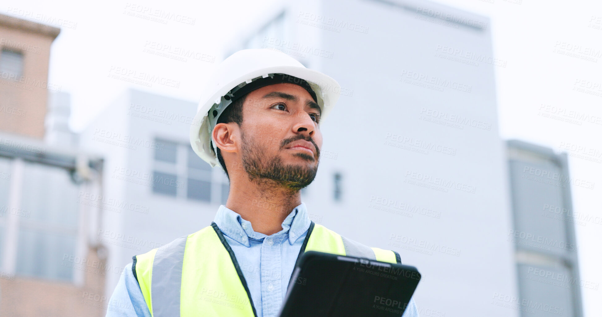 Buy stock photo Construction worker, tablet while doing inspection and architecture with digital floor plan and project management. Quality assurance, engineering and check job site with maintenance and contractor