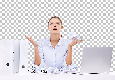 Buy stock photo Stress, wtf and paper mistake by business woman angry on isolated, transparent and png background. Compliance, form and frustrated female office worker with anxiety for deadline, proposal and fail