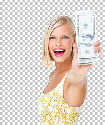 Buy stock photo Woman, excited and money or cash portrait of winner with prize isolated on a png, transparent background. Happy female show dollars for reward, loan and lottery competition win or investment profit

