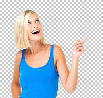 Buy stock photo Excited, woman and smile while pointing hands to isolated on a transparent png background. Happy female person advertising promotion, marketing and presentation of brand, choice or offer coming soon