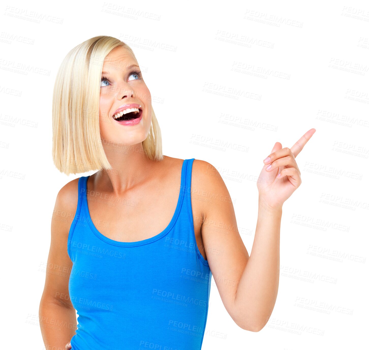 Buy stock photo Excited, woman and smile while pointing hands to isolated on a transparent png background. Happy female person advertising promotion, marketing and presentation of brand, choice or offer coming soon