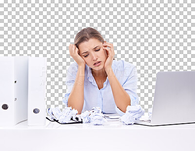 Buy stock photo Depression, stress and business woman with paper mistake and laptop on isolated, transparent and png background. Anxiety, crisis and female office worker sad, stressed and unhappy with deadline