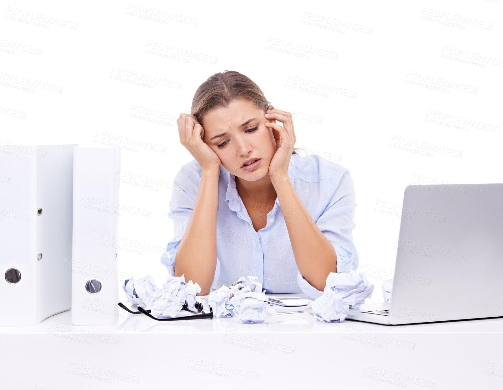 Buy stock photo Depression, stress and business woman with paper mistake and laptop on isolated, transparent and png background. Anxiety, crisis and female office worker sad, stressed and unhappy with deadline