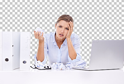 Buy stock photo Headache, laptop and paper mistake by business woman portrait on isolated, transparent and png background. Stress, form and face of frustrated female office worker with anxiety, deadline or proposal