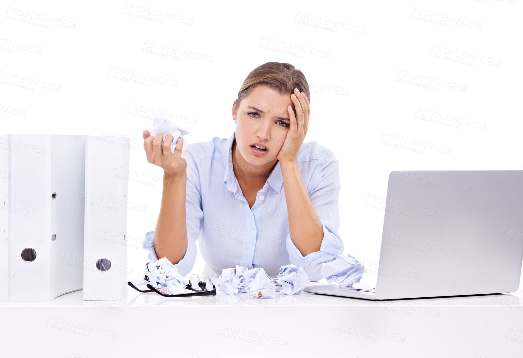 Buy stock photo Headache, laptop and paper mistake by business woman portrait on isolated, transparent and png background. Stress, form and face of frustrated female office worker with anxiety, deadline or proposal