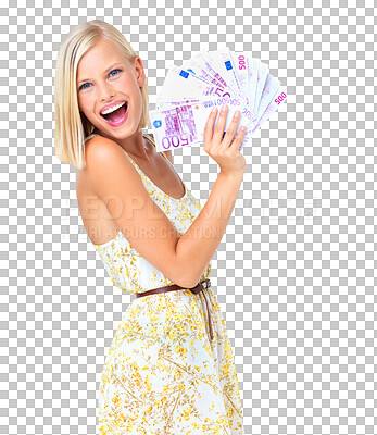 Buy stock photo Portrait, euros and woman with money fan isolated on a transparent png background. Financial freedom, wealth and happy, excited and rich person with cash after winning lottery, competition or prize.