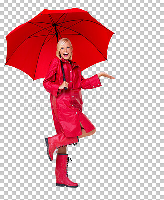 Portrait, red raincoat and umbrella for insurance with a woman. Winter, rain and weather with an attractive young female on blank space to promote life cover isolated on a png background
