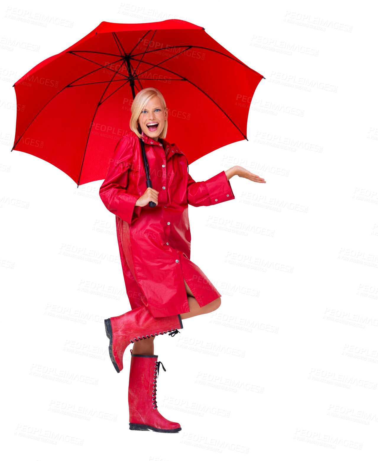 Buy stock photo Happiness, rain and portrait of happy woman with umbrella, raincoat and boots, winter fashion and insurance. Smile, excited model and red waterproof clothes isolated on transparent, png background.