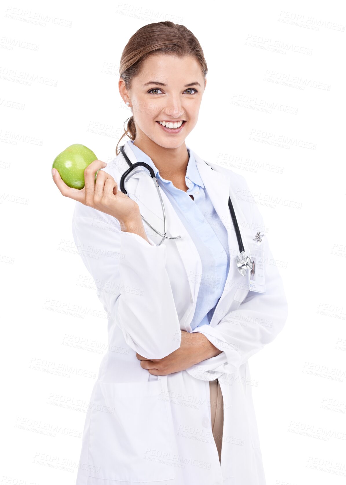 Buy stock photo Smile, portrait and doctor with apple for weight loss and health on isolated, transparent and png background. Happy, face and nutritionist with fruit for diet, detox or healthy life and wellness