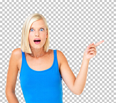 Buy stock photo Wow, shocked and woman in portrait pointing while isolated on a transparent png background. Surprised female advertising promotion, marketing and presentation of branding, sale and news announcement