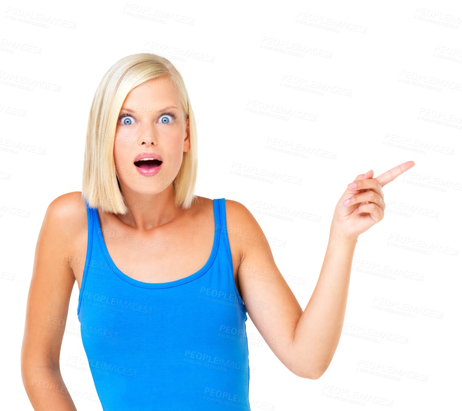 Buy stock photo Wow, shocked and woman in portrait pointing while isolated on a transparent png background. Surprised female advertising promotion, marketing and presentation of branding, sale and news announcement