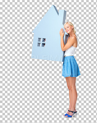 Buy stock photo Woman, hug with house model and property with new home and mortgage isolated on transparent, png background. Loan, investment and happy female, real estate and insurance with realtor and housing