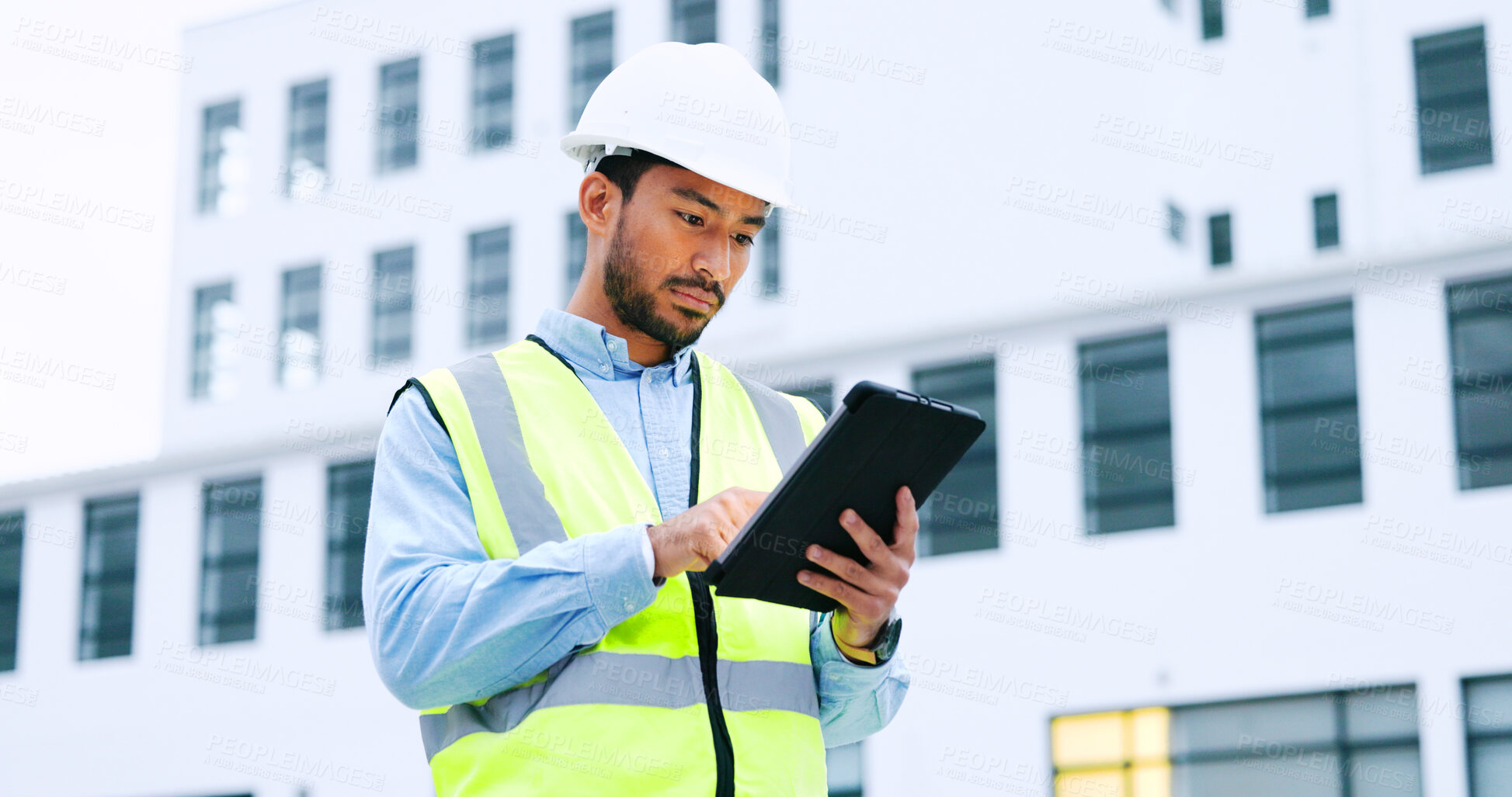 Buy stock photo Engineer man, maintenance project and tablet with industrial inspection at construction site. Technician, technology architecture data with planning outdoor with builder and engineering job of worker