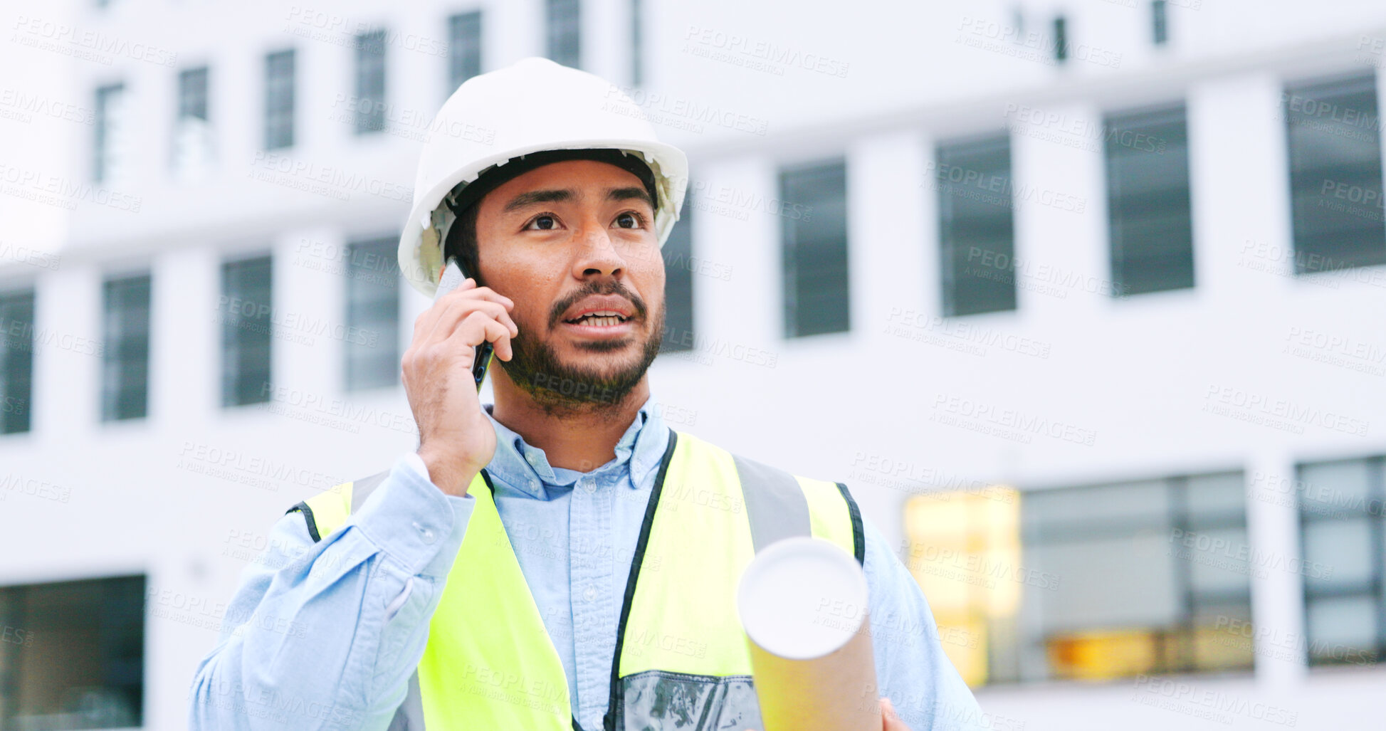 Buy stock photo Phone call, construction and man in city for engineering inspection, maintenance and planning. Architecture, building site and contractor on smartphone for communication, talking and discussion