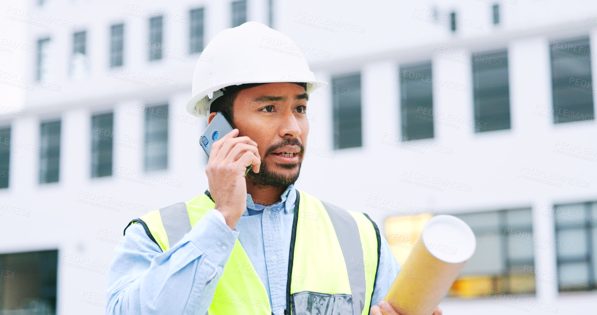 Buy stock photo Phone call, construction and man in city for architecture inspection, maintenance and planning. Engineering, building site and contractor on smartphone for communication, talking and discussion